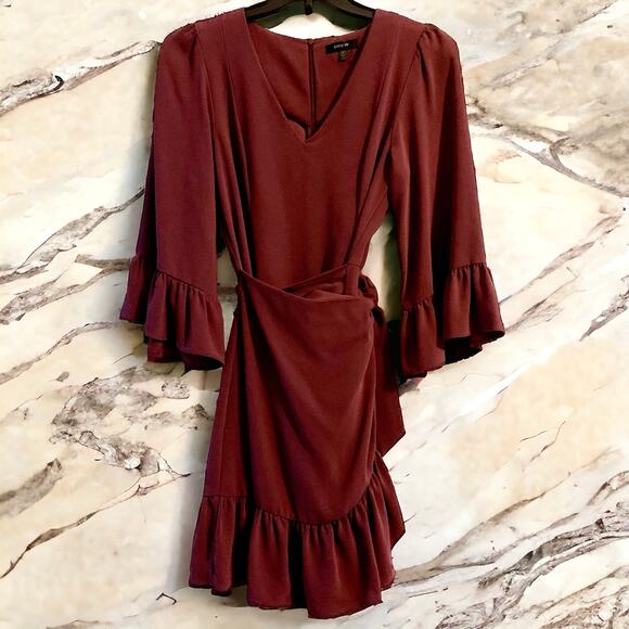 Drew Mai Drape Sleeve & Ruffle Mini Dress Medium Women Burgundy Wine Tie Wrap - Picture 1 of 16
